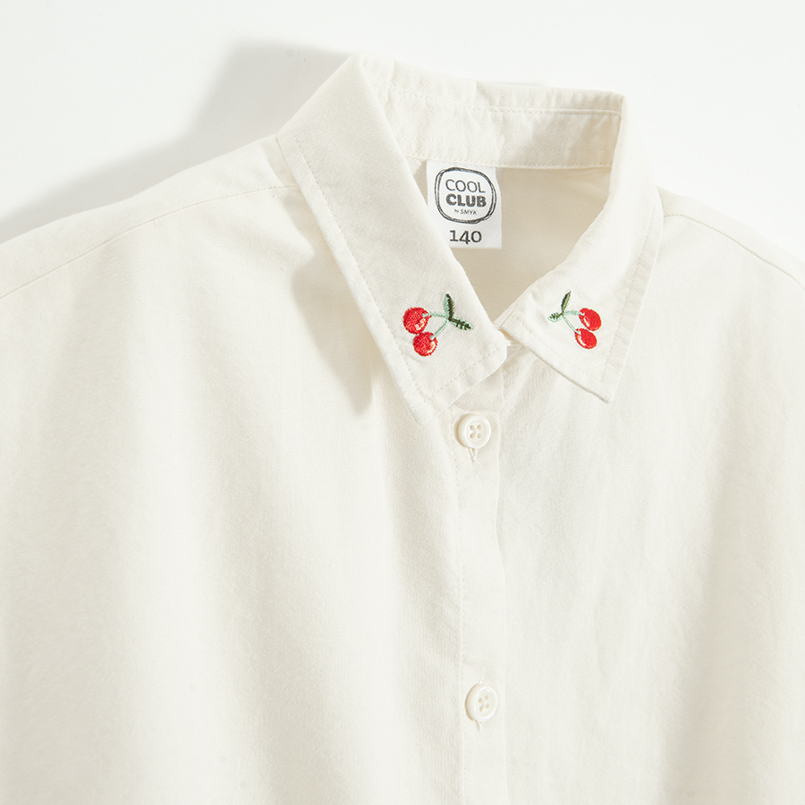 Ecru bottom down T-shirt with cherries on colar, knot in the front