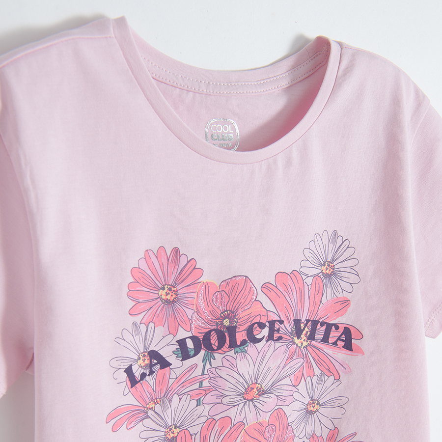Μπλούζα κοντομάνικη ροζ με στάμπα λουλούδια LA DOLCE VITA
