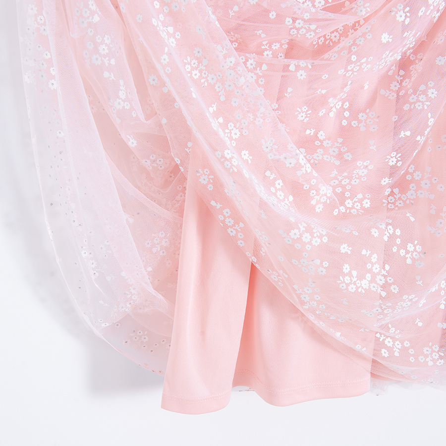 Φόρεμα κοντομάνικο ροζ με τούλινη φούστα