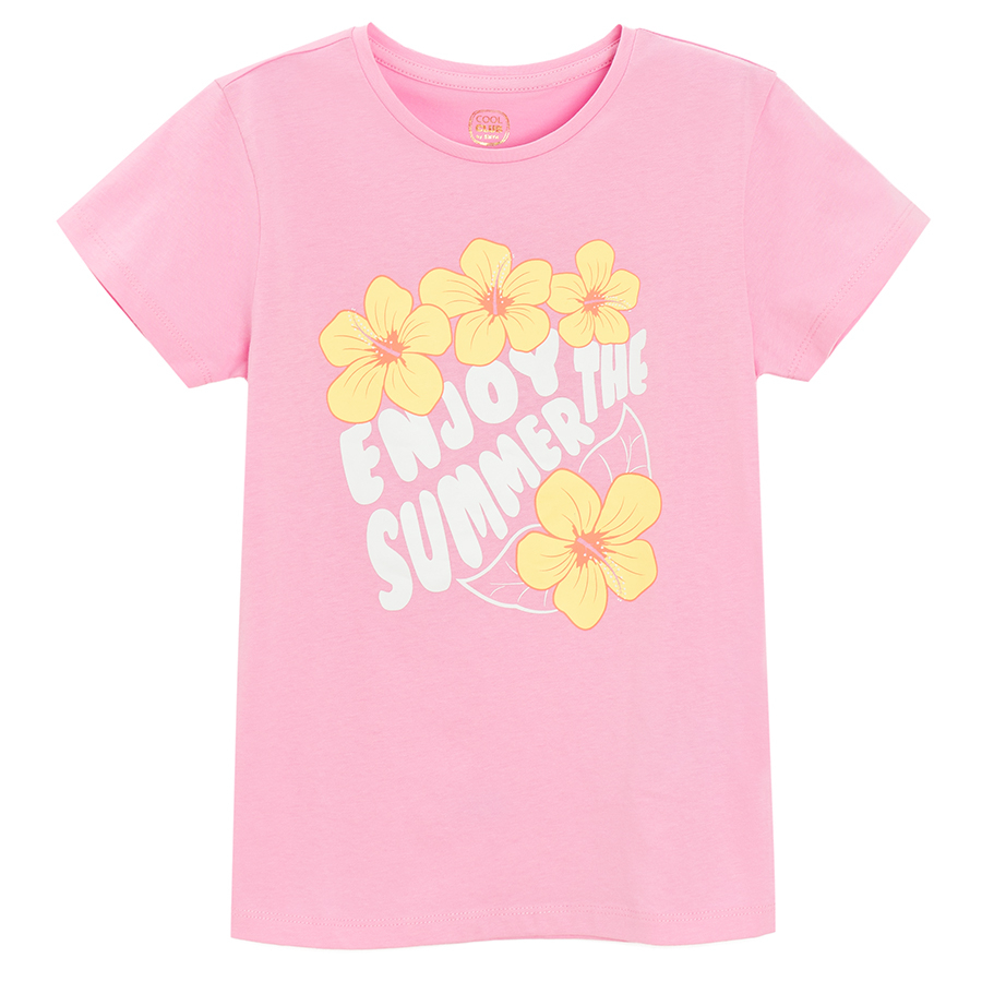 Dark pink T-shirt with Enjoy the summer and flowers  print