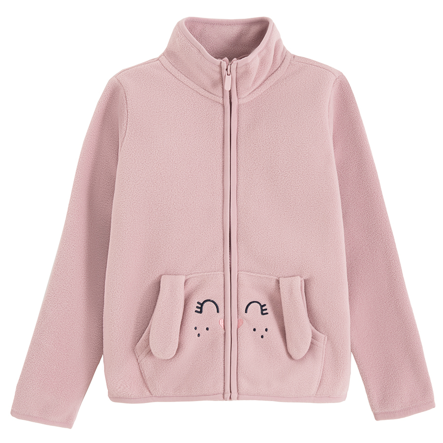 Ζακέτα fleece ροζ με στάμπα σκυλάκι και αυτάκια στις τσέπες