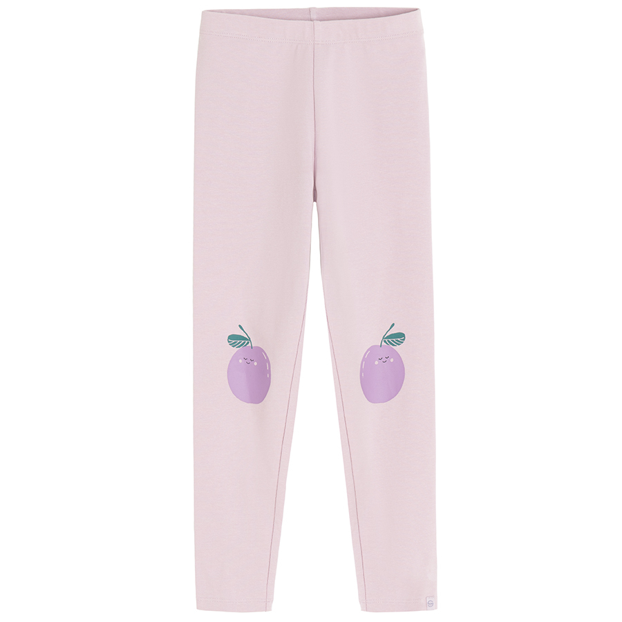Violet leggings with plam fruit on the knees
