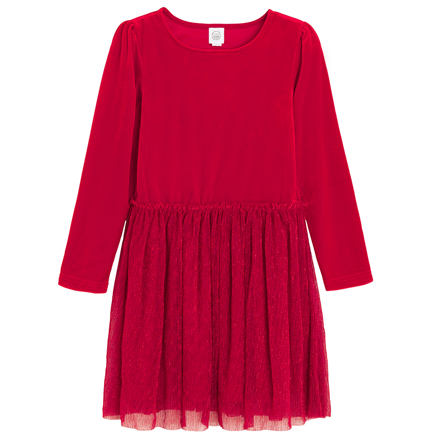 Red long sleeve claddic dress with pleated skirt