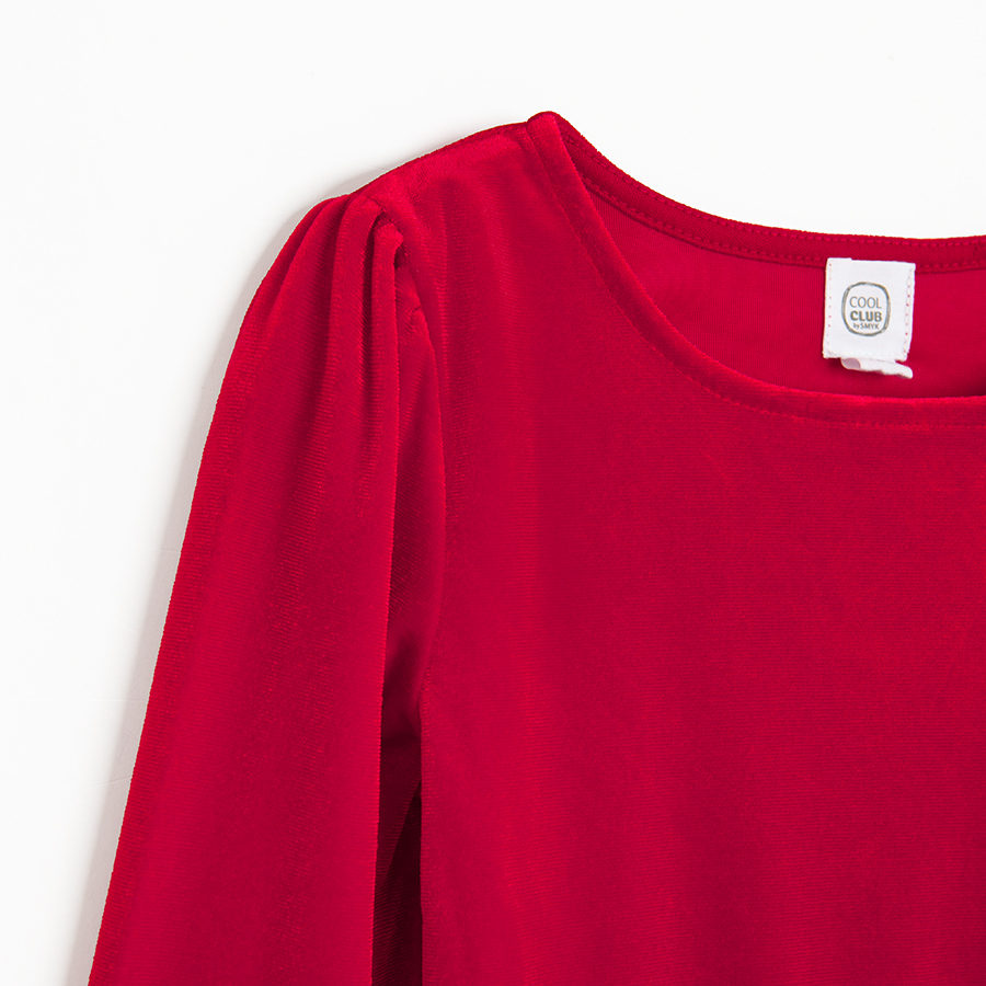 Red long sleeve claddic dress with pleated skirt