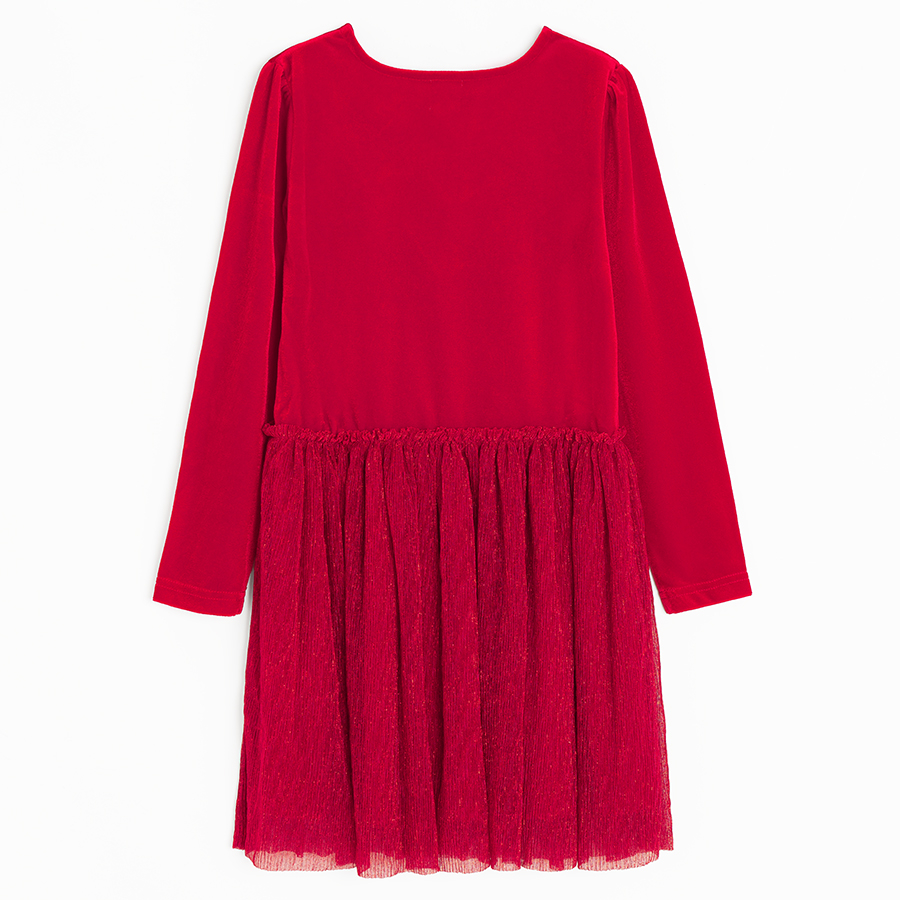 Red long sleeve claddic dress with pleated skirt