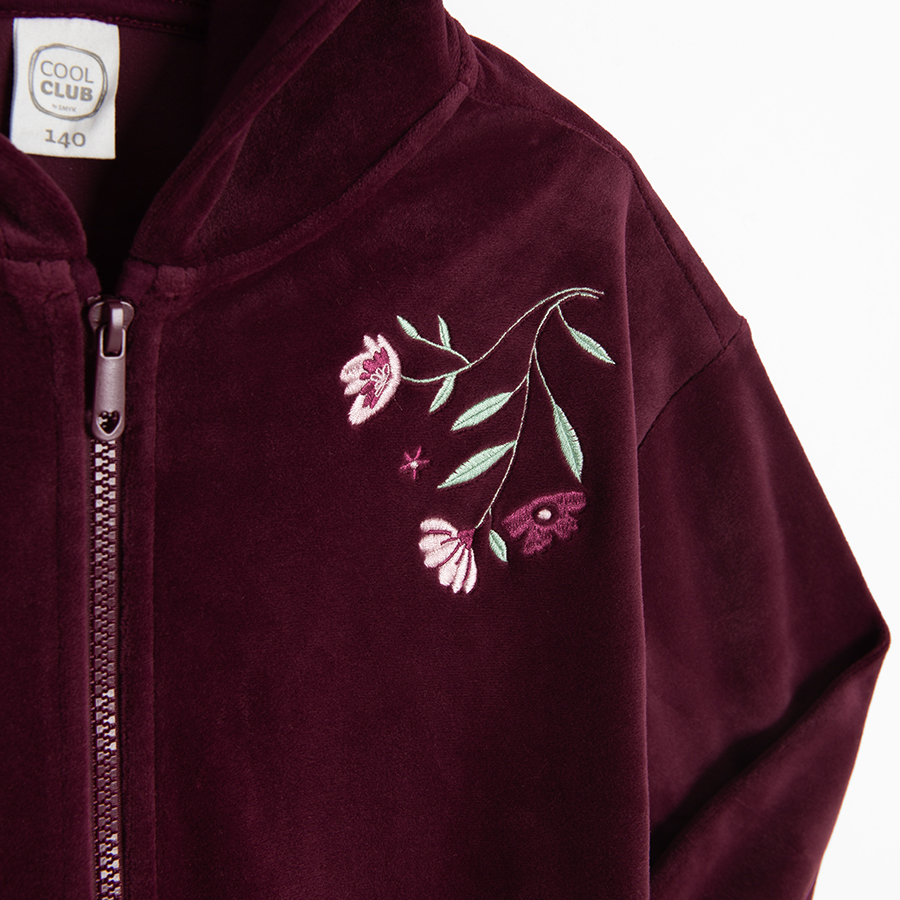 Burgundy zip through hooded sweatshirt with flowers print on top