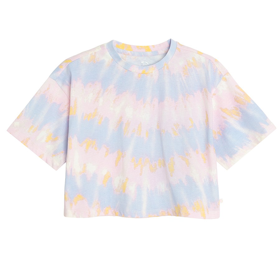 Μπλούζα γαλάζια crop top κοντομάνικη με εφέ tie dye