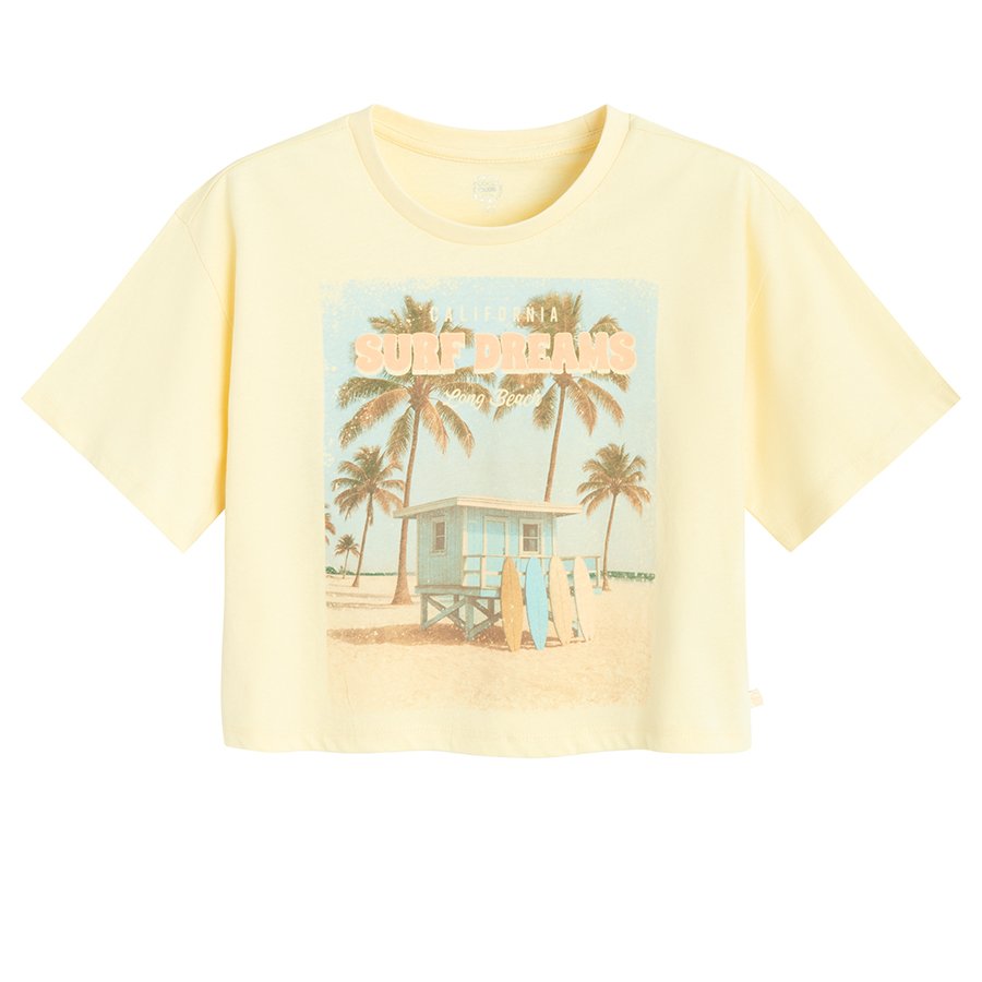 Μπλουζα κοντομάνικη κίτρινη crop με στάμπα SURF DREAMS