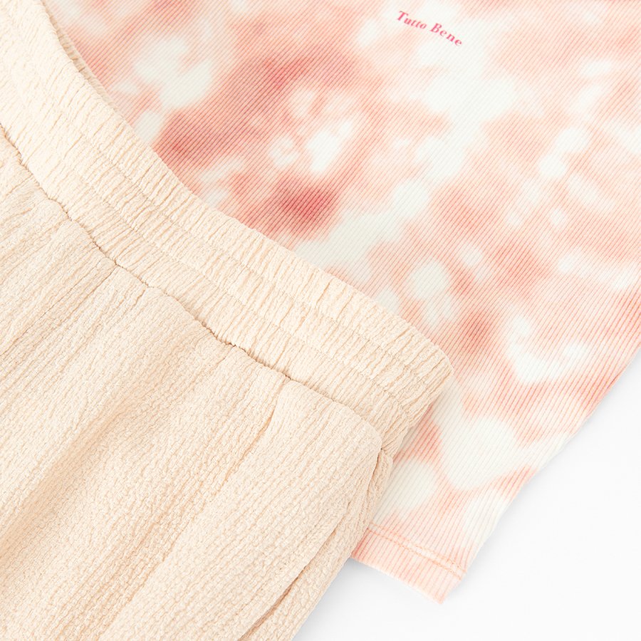 Σετ 2 τμχ. μπλούζα αμάνικη ροζ με εφέ tie dye και παντελόνα ροζ