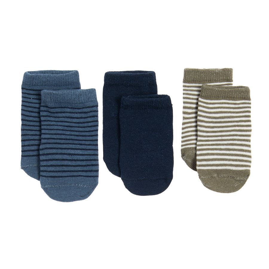 Κάλτσες 3 ζεύγη μπλε, γαλάζιες και χακί