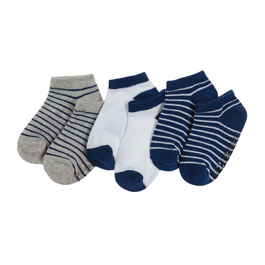 White and blue stipe sneaker socks- 3 pack
