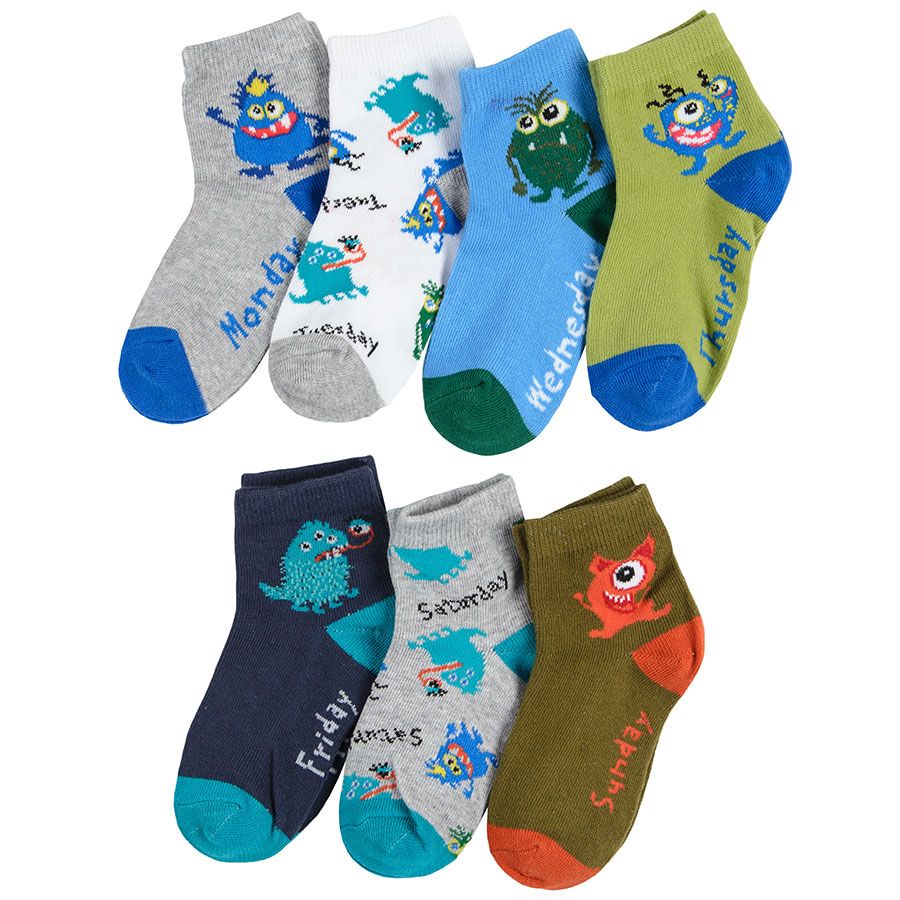 Mix color socks with days of the week and fun creatures print- 7 pack