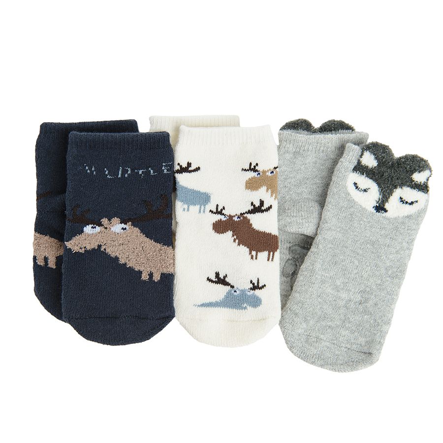 Κάλτσες 3 ζεύγη μπλε, γκρι και λευκές με στάμπα ζώα του δάσους