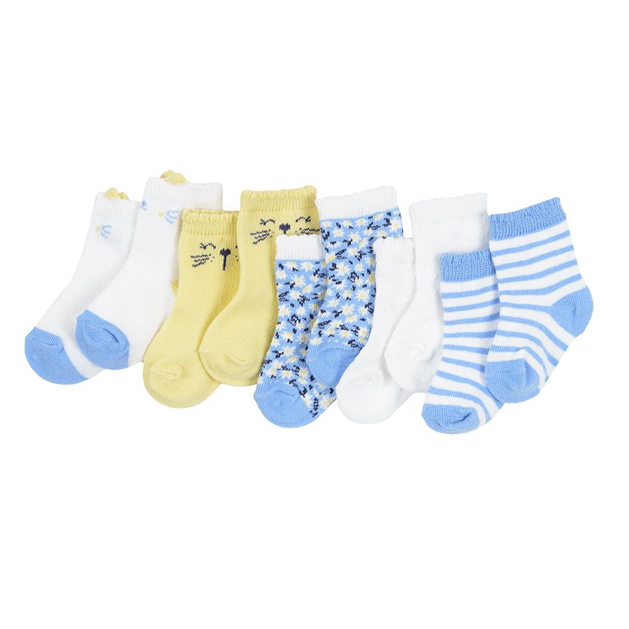 White yellow and light blue socks with kitten theme 5-pack