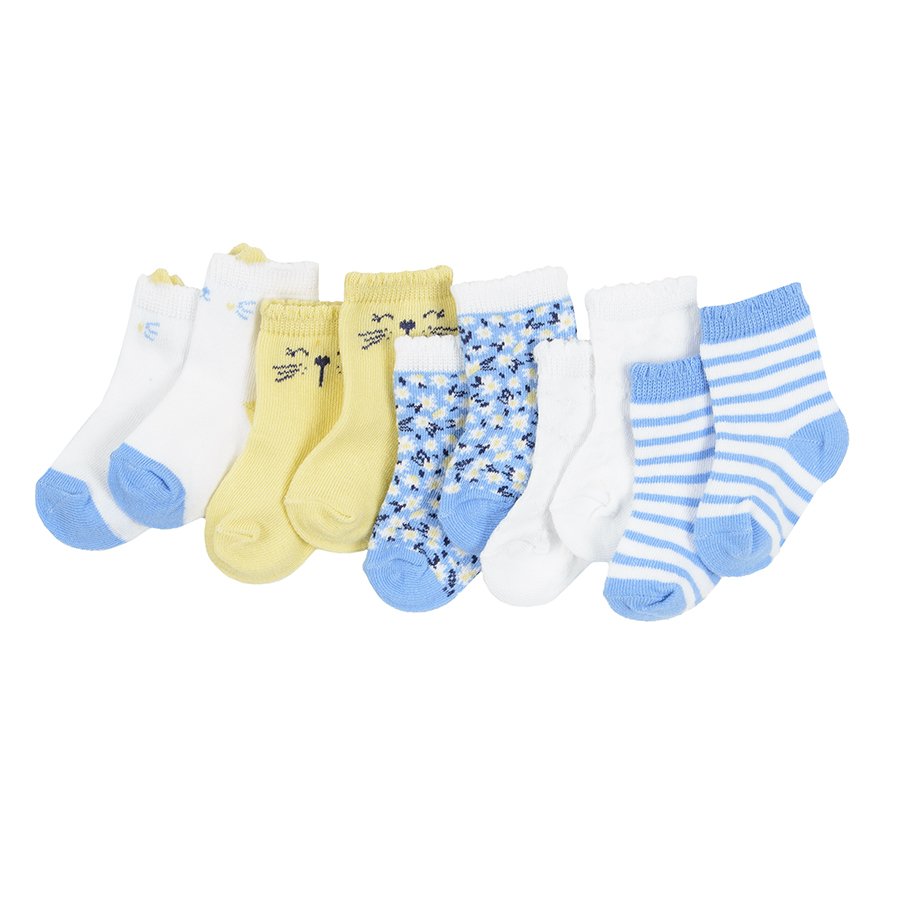 White yellow and light blue socks with kitten theme 5-pack