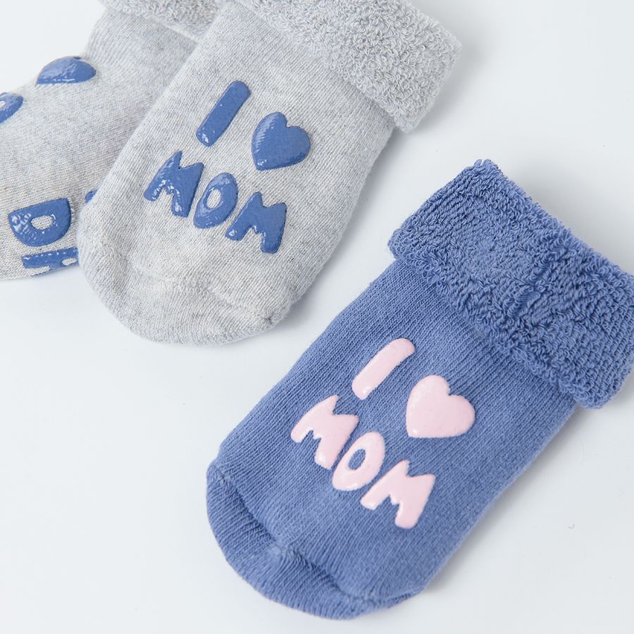 Grey and blue I love mum I love dad anti slip socks 2 pack