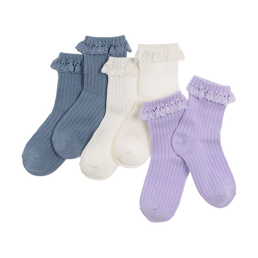 White violet and blue socks with lace- 3 pack
