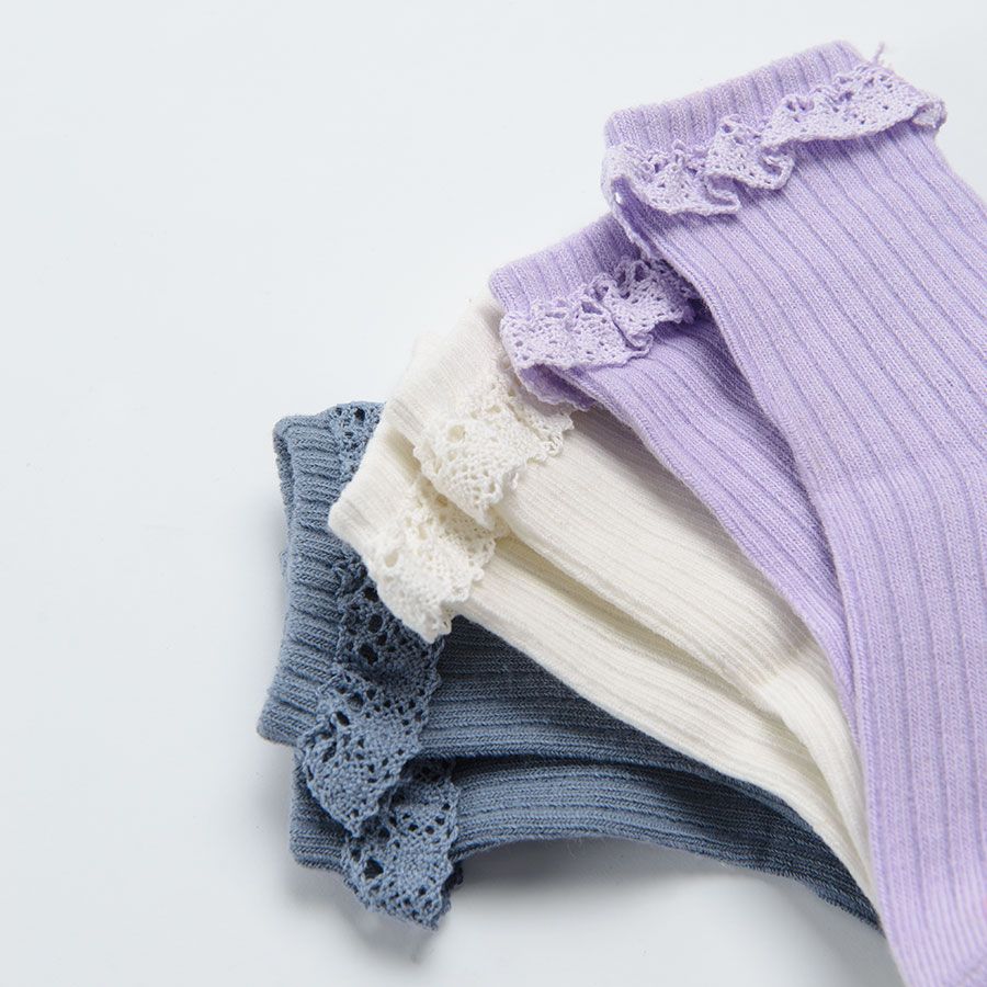 White violet and blue socks with lace- 3 pack