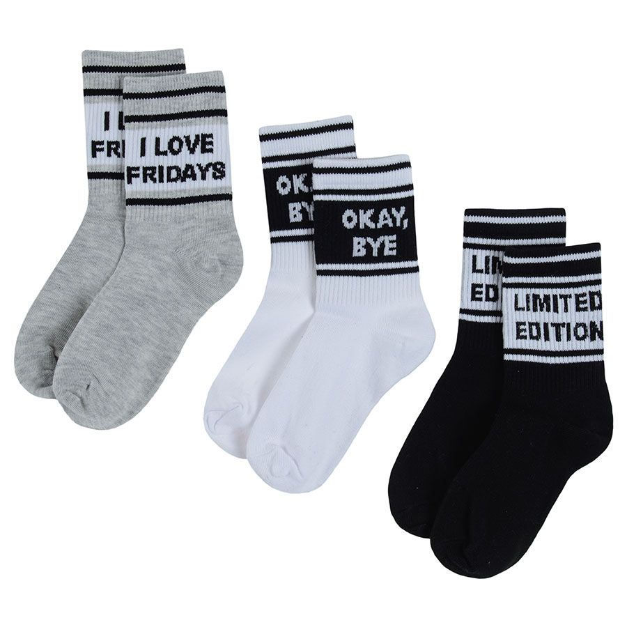 Κάλτσες 3 τμχ μαύρο γκρι λευκό με στάμπα I love Fridays, limited edition, ok bye