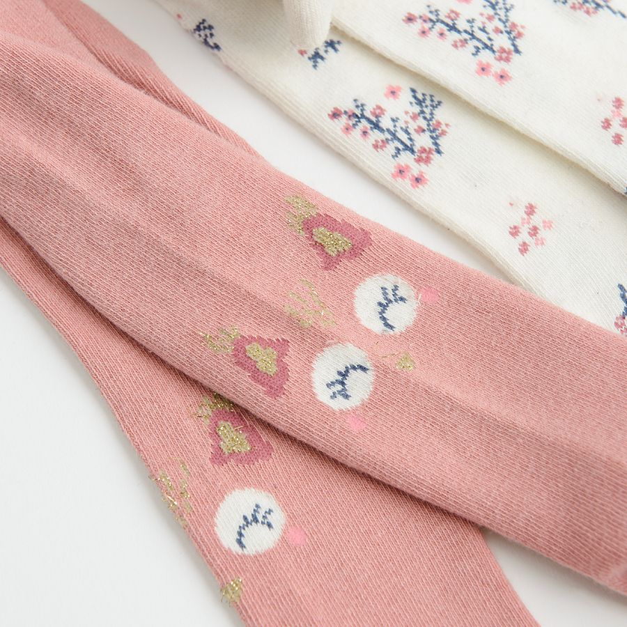 Pink with kitten face on knees and white floral tights- 2 pack
