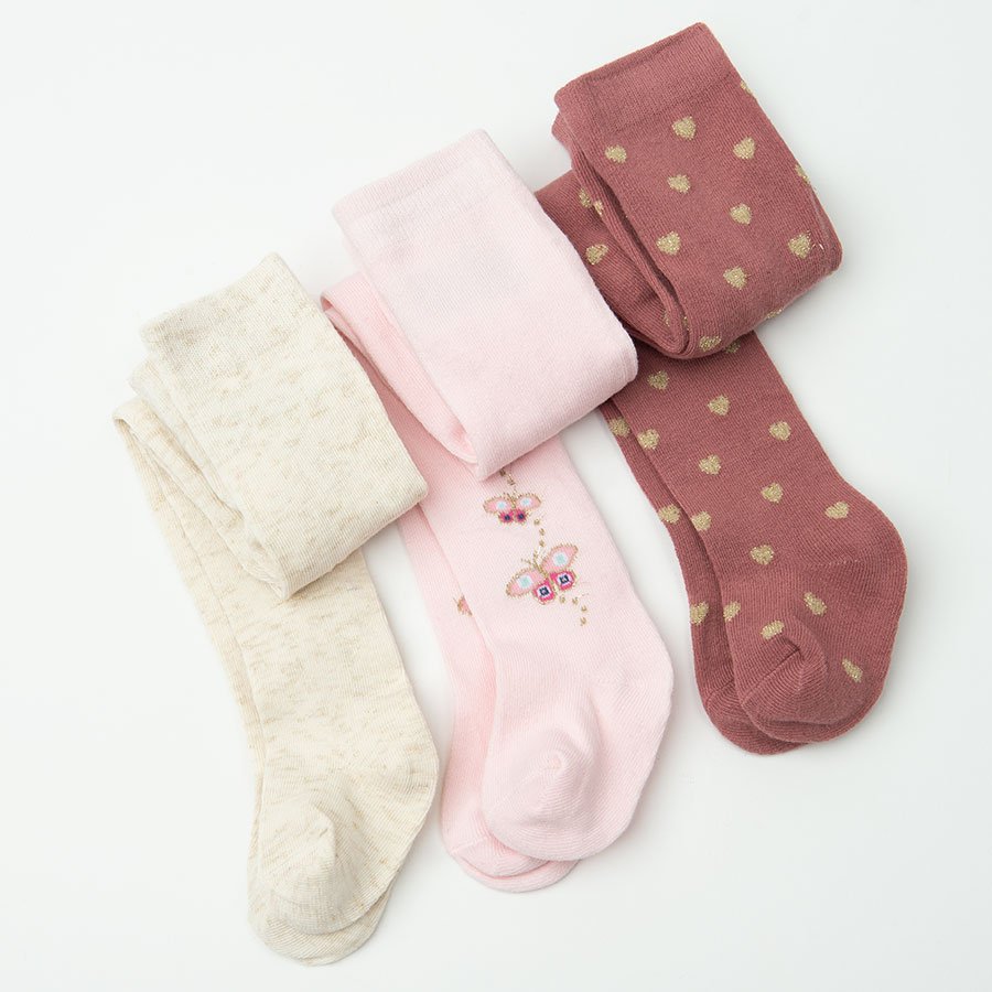 Καλσόν 3 τμχ εκρού, ροζ και μπορντό με στάμπα πεταλούδες και καρδούλες