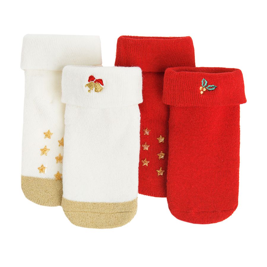 Κάλτσες γιορτινές 2 ζεύγη άσπρες και κόκκινες με κεντημένη στάμπα γκι και καμπανάκια