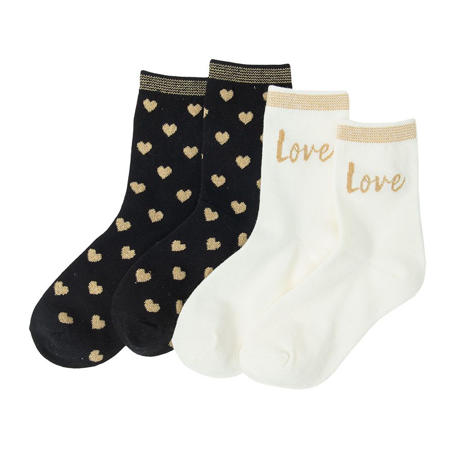 Black with golden hearts and white with 'Love' print socks- 2 pack