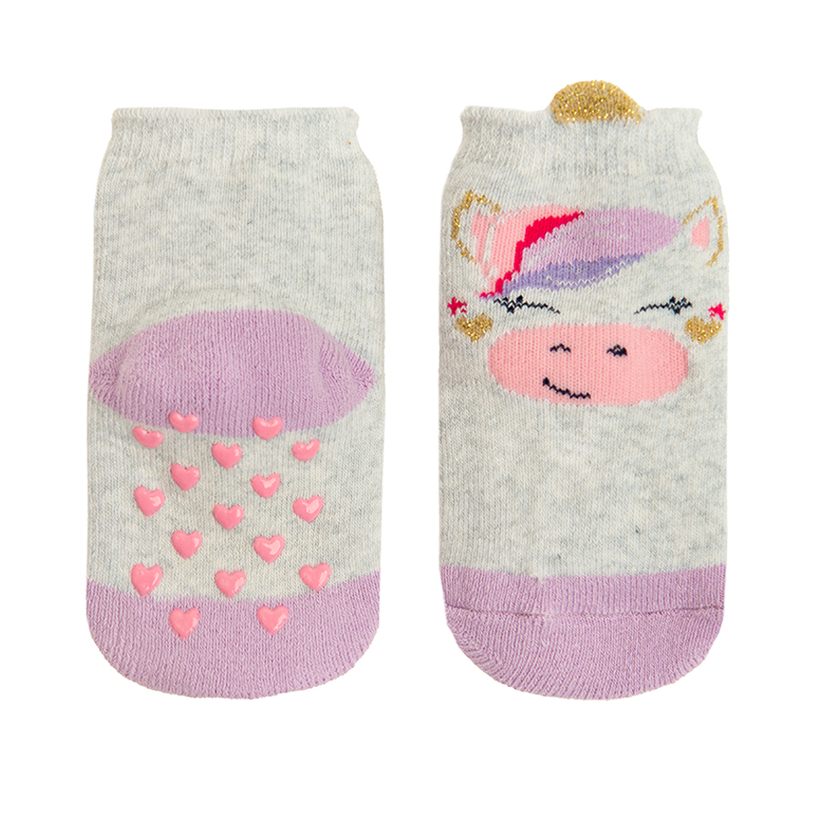 Grey and purple socks with unicorn print