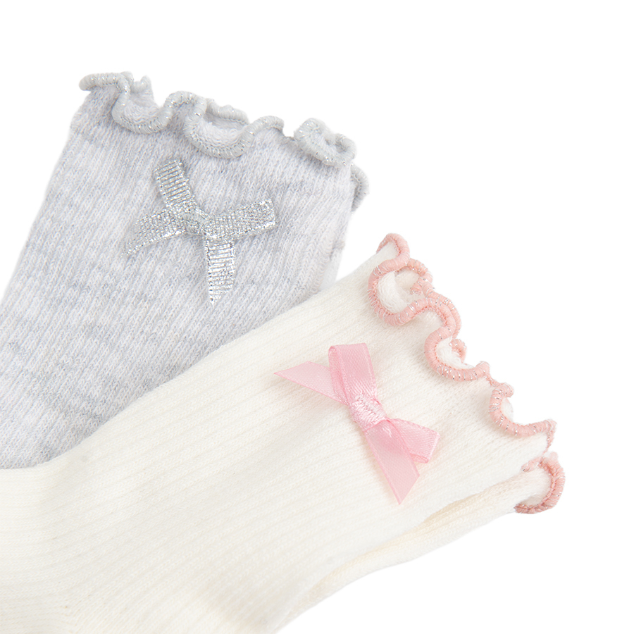 White, pink and grey socks with small bow- 5 pack