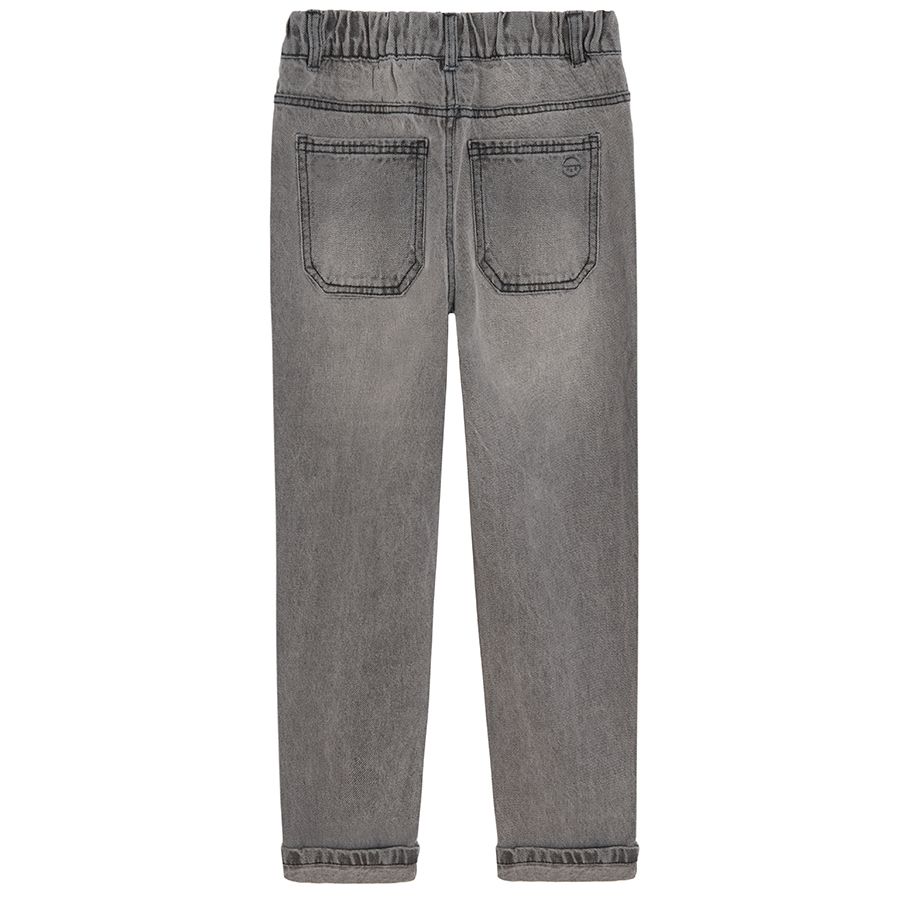 Grey denim trousers with adjustable waist