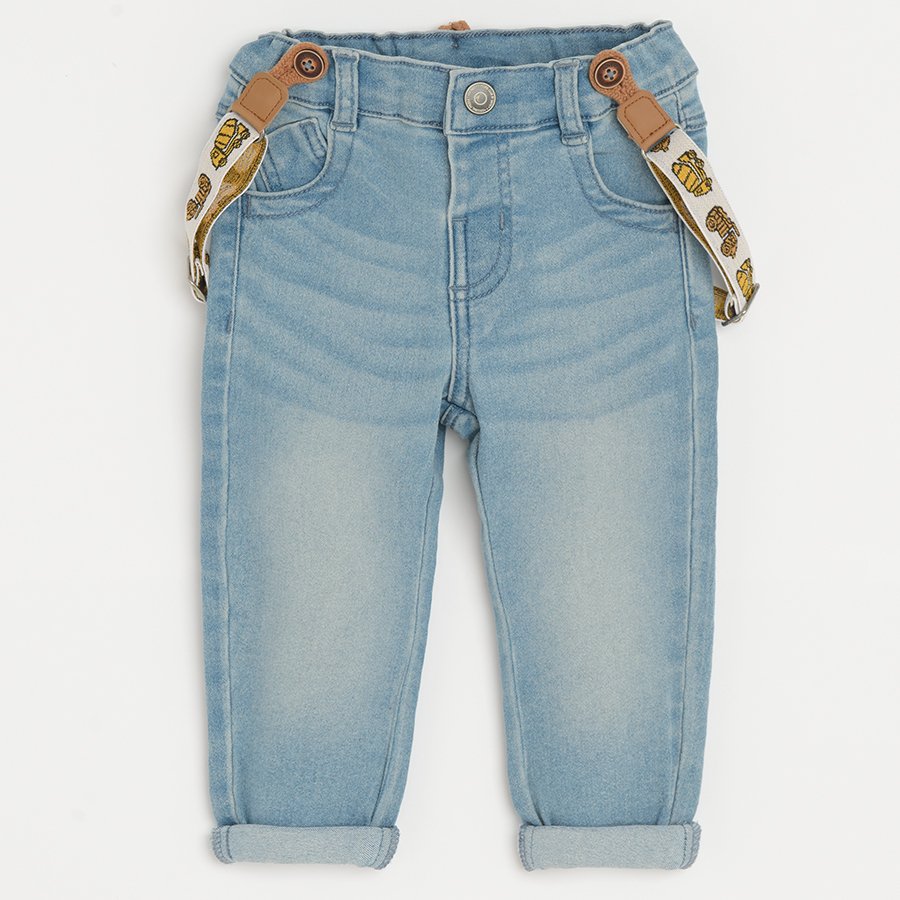 Denim pants with decorative straps