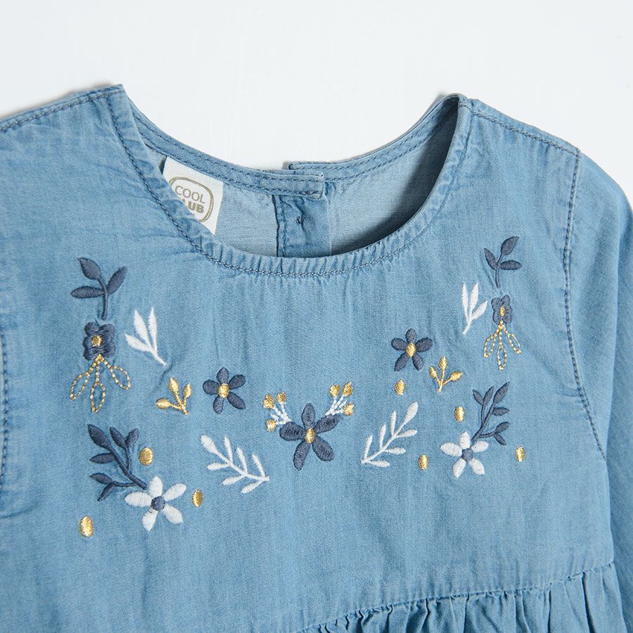 Φόρεμα μακρυμάνικο τζιν μπλε με κεντημένα λουλούδια