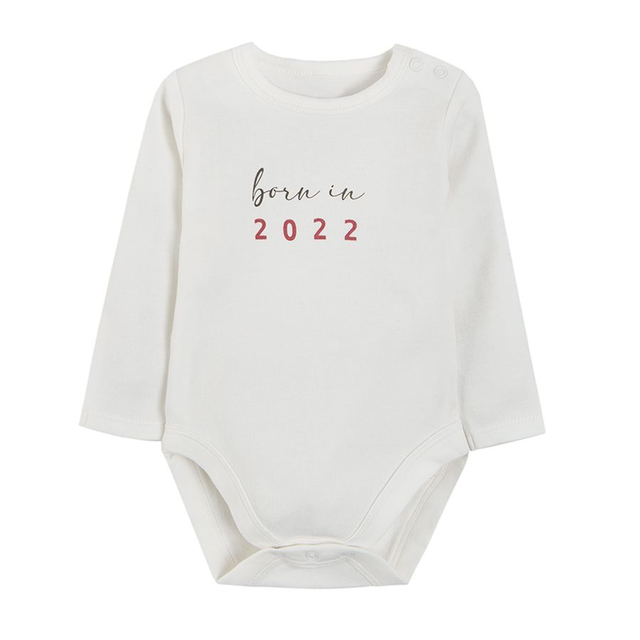 White longs sleeve bodysuit and pants with Born in 2022 clothing set