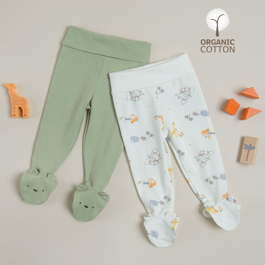 White with giraffes print and olive footed with ears jogging pants- 2 pack