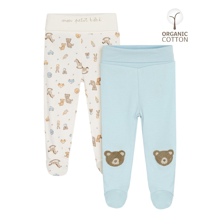 White and blue footed leggings with bears print- 2 pack