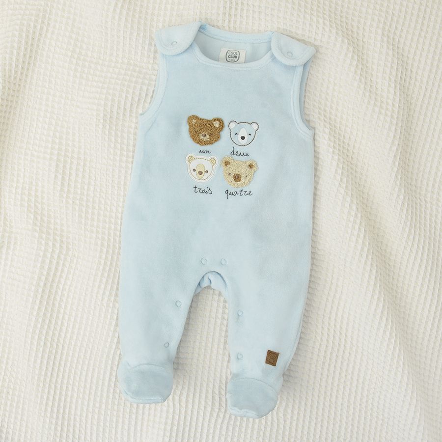 White long sleeve bodysuit with bears print and blue sleeveless overall set