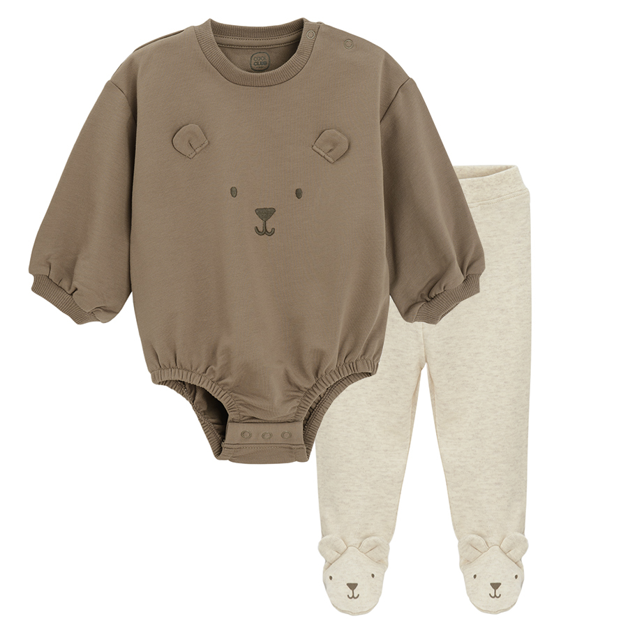 Brown long sleeve bear bodysuit and white footed leggings- 2 pack