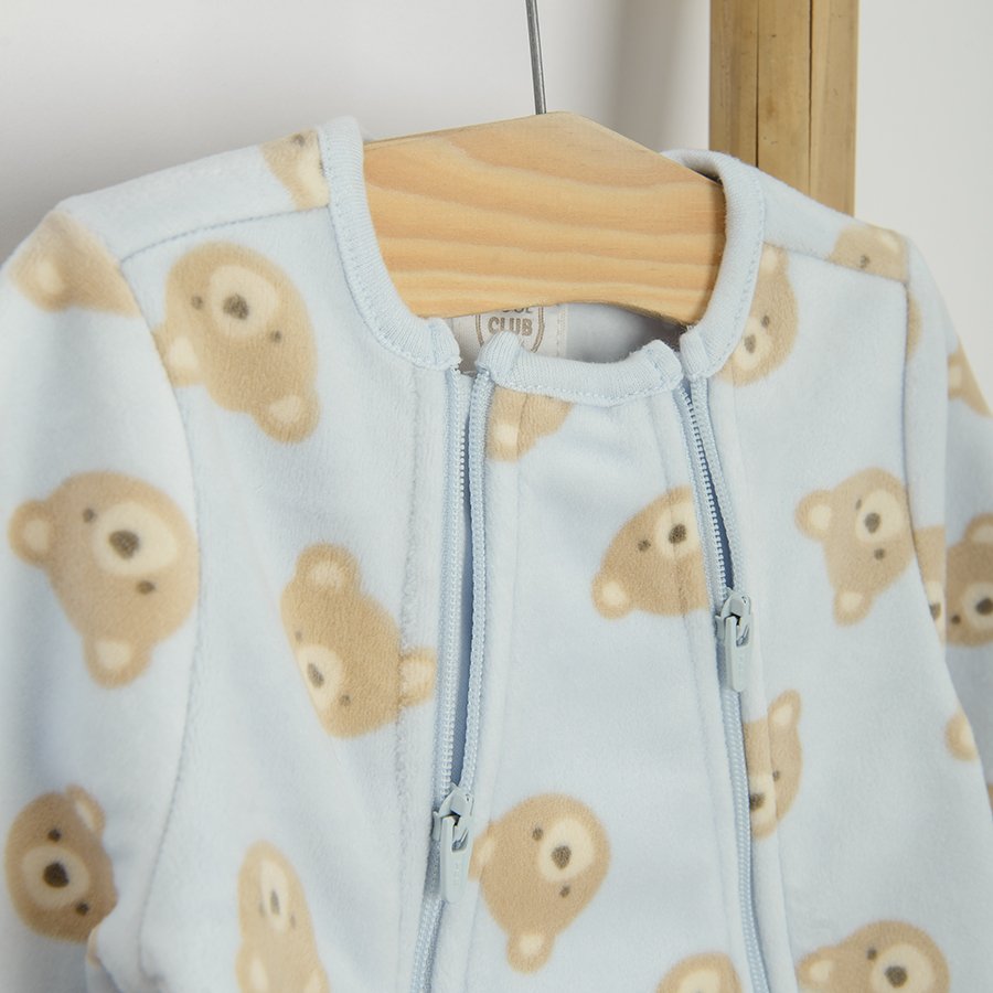 Light blue overall with two side zippers and bears print