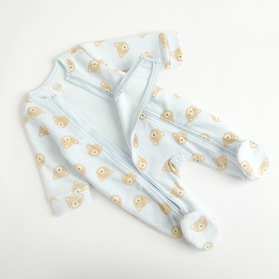 Light blue overall with two side zippers and bears print