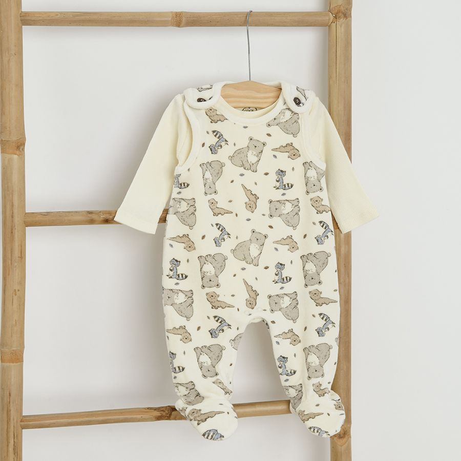 Ecru long sleeve bodysuit and ecru overall with forest animals print