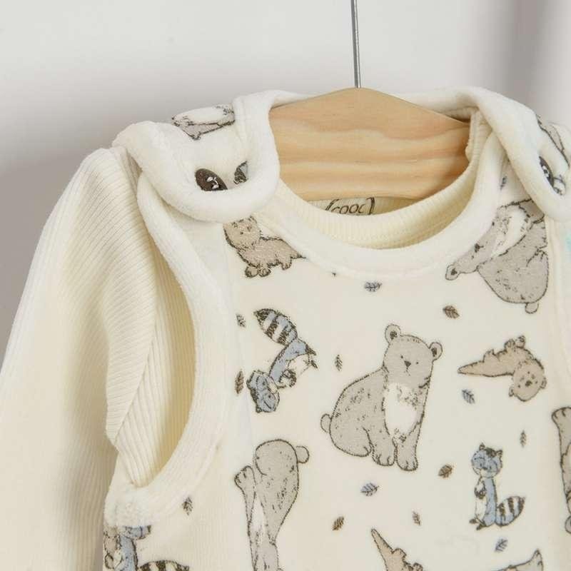 Ecru long sleeve bodysuit and ecru overall with forest animals print