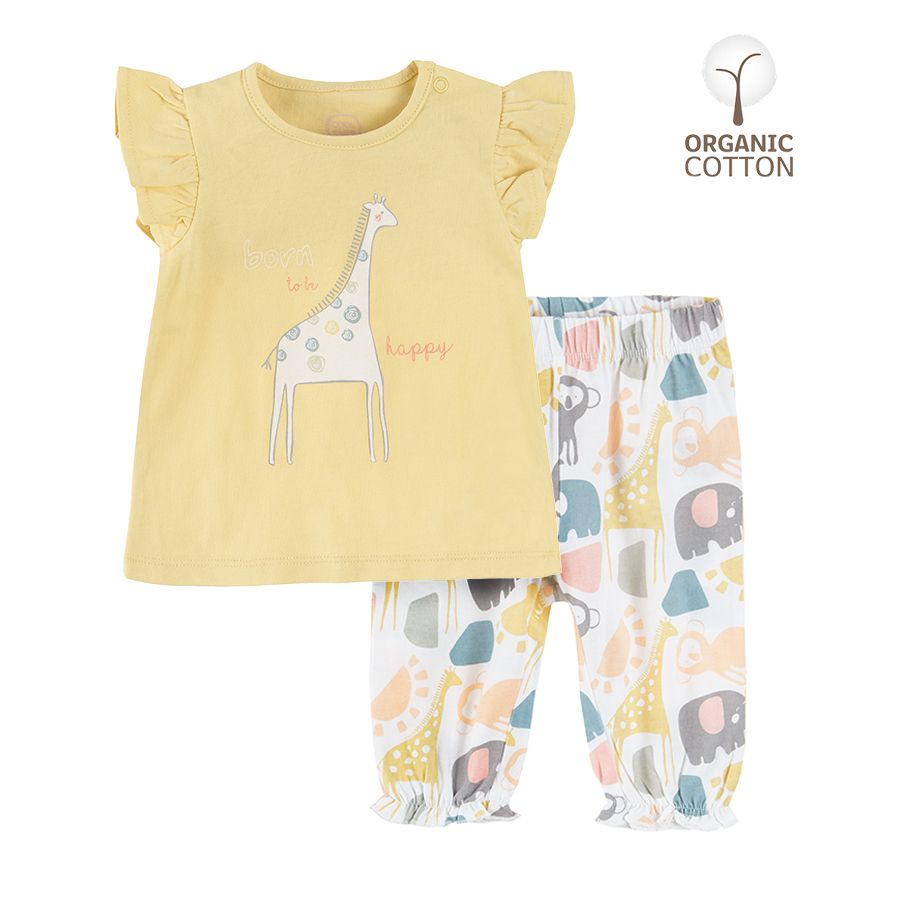 Short sleeve blouse with giraffe print and pants with jungle animals print clothing set