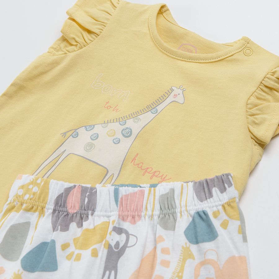 Short sleeve blouse with giraffe print and pants with jungle animals print clothing set