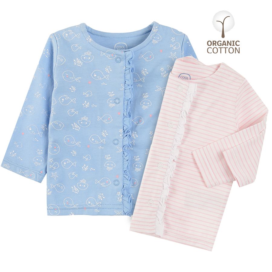 Light blue long sleeve cross over with fish print and striped white/pink cross over cardigans 2-pack
