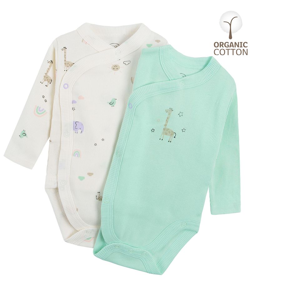 Light green and white with animals print wrap long sleeve bodysuits- 2 pack