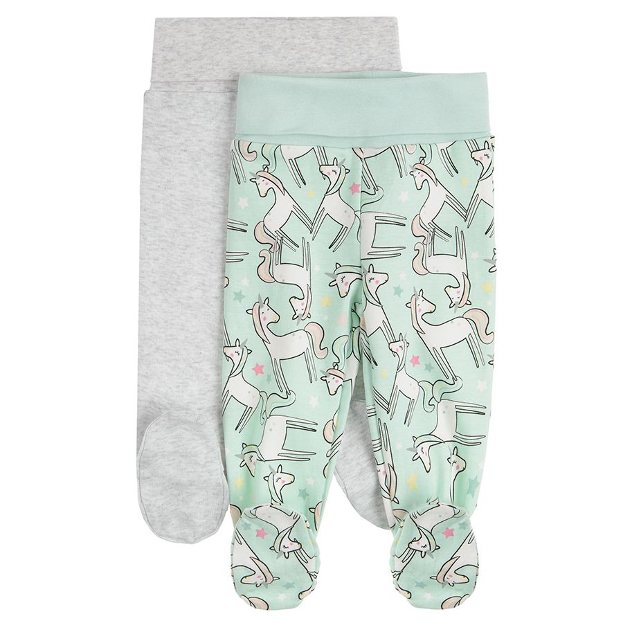 Light green with unicorn print and light grey footed leggings- 2 pack