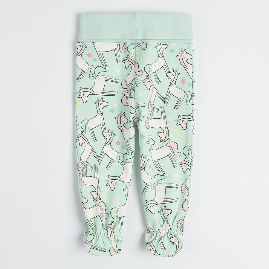 Light green with unicorn print and light grey footed leggings- 2 pack