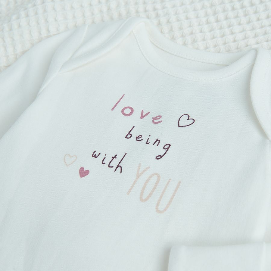 White long sleeve blouse with 'I love being with you' print, brick leggins and cap set