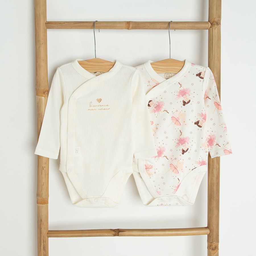 Ecru long sleeve wrap bodysuits with BIENVENUE MON AMOUR and pink ballerinas print 2 pack