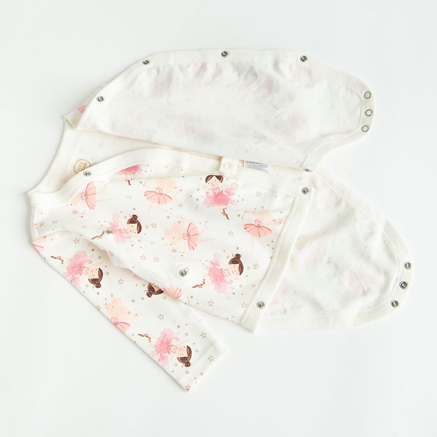 Ecru long sleeve wrap bodysuits with BIENVENUE MON AMOUR and pink ballerinas print 2 pack
